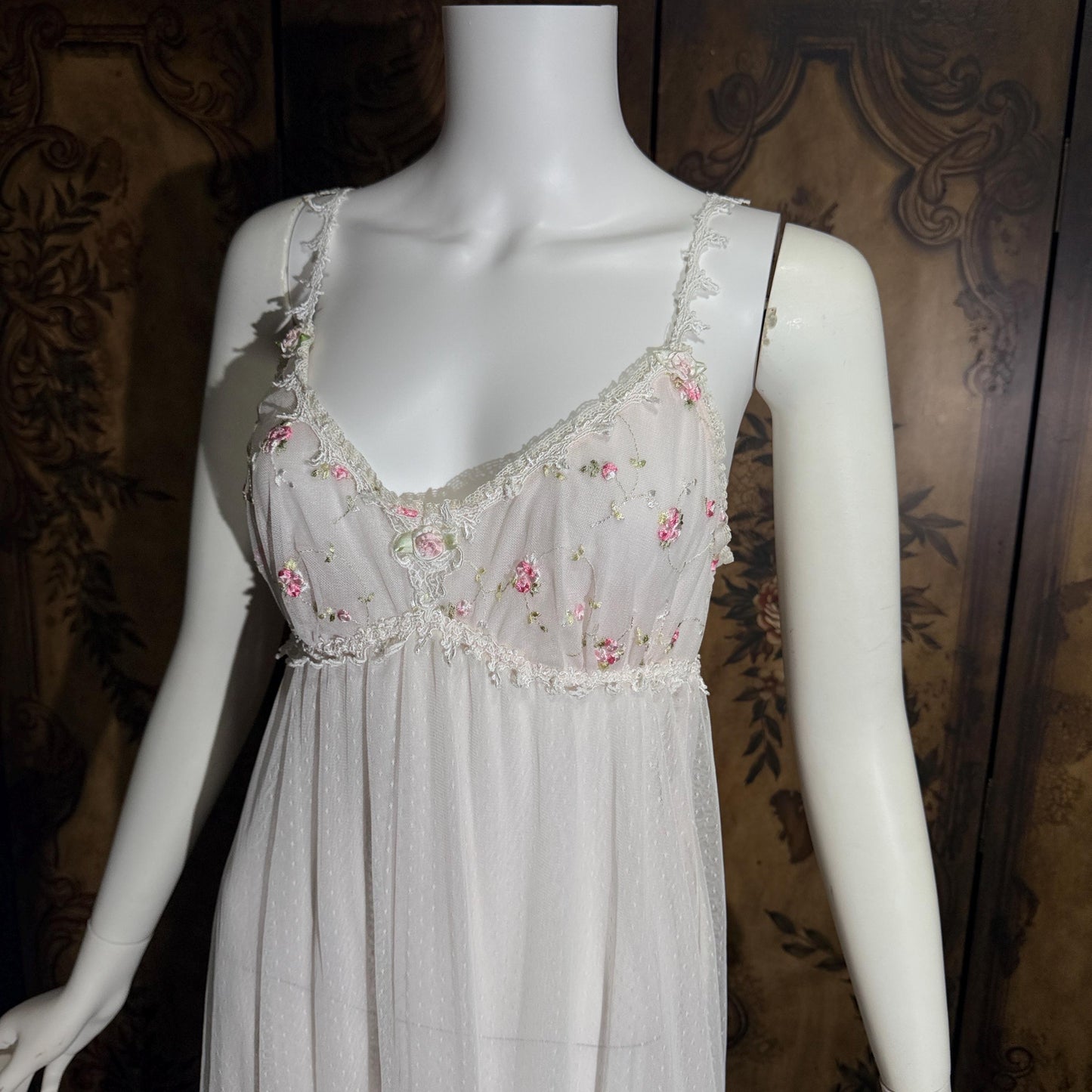vintage CLAIRE PETTIBONE nightgown slip dress, Tiered Pink & White lace bridal wedding lingerie gown