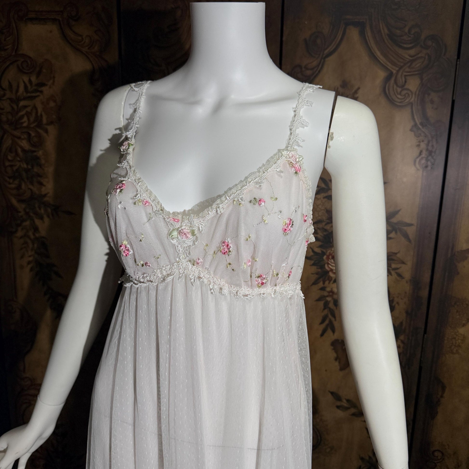 vintage CLAIRE PETTIBONE nightgown slip dress, Tiered Pink & White lace bridal wedding lingerie gown