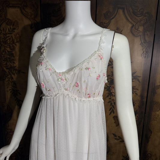 vintage CLAIRE PETTIBONE nightgown slip dress, Tiered Pink & White lace bridal wedding lingerie gown