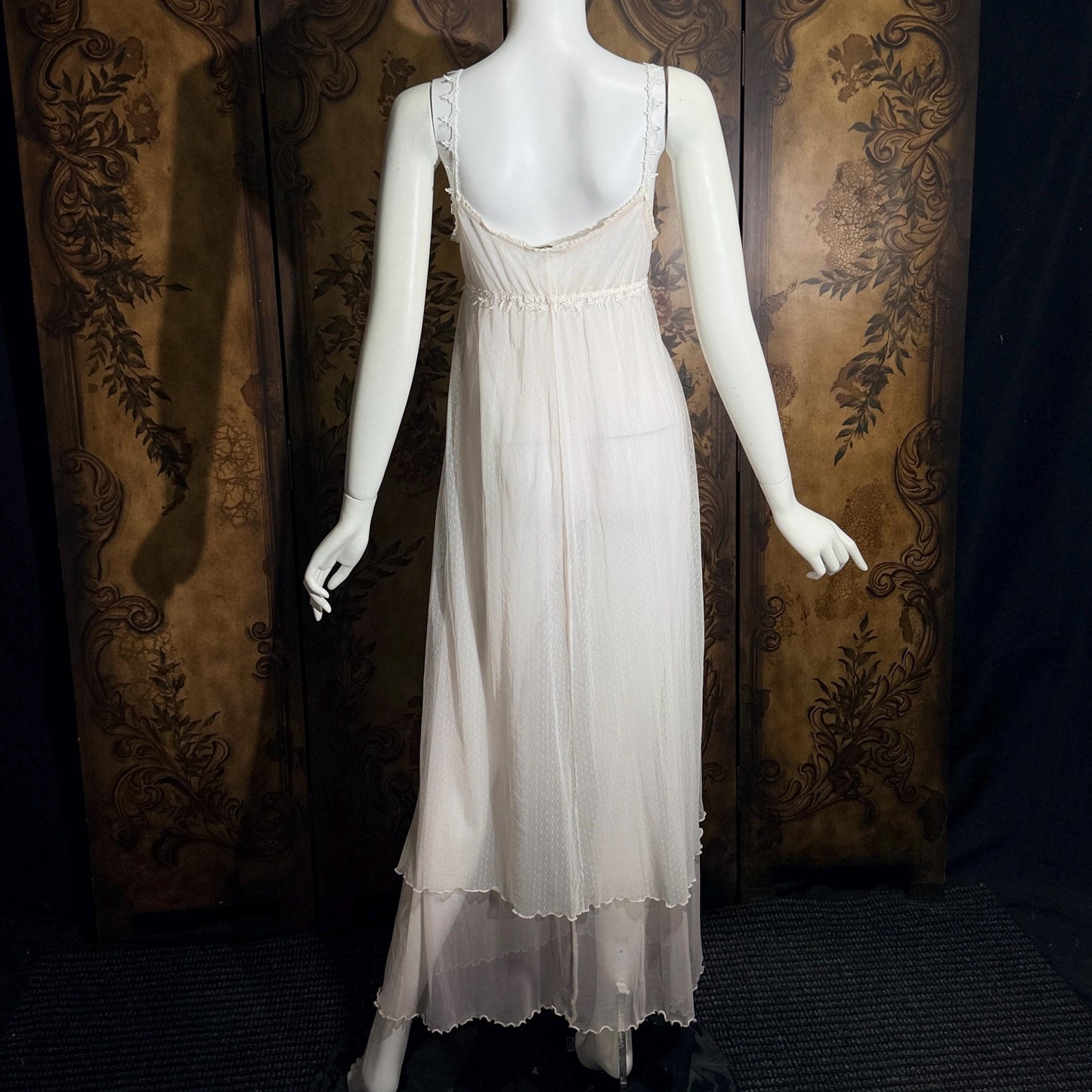 vintage CLAIRE PETTIBONE nightgown slip dress, Tiered Pink & White lace bridal wedding lingerie gown