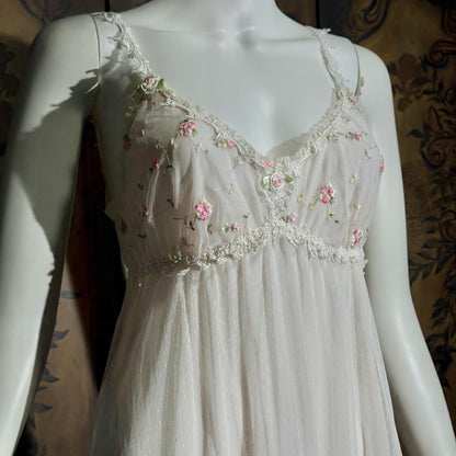 vintage CLAIRE PETTIBONE nightgown slip dress, Tiered Pink & White lace bridal wedding lingerie gown