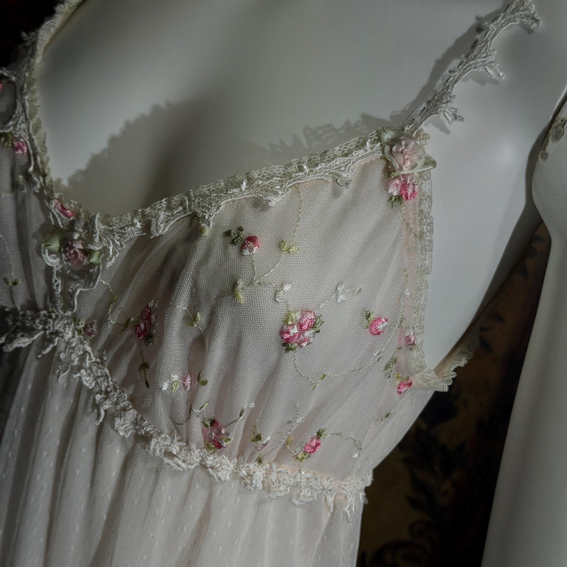 vintage CLAIRE PETTIBONE nightgown slip dress, Tiered Pink & White lace bridal wedding lingerie gown