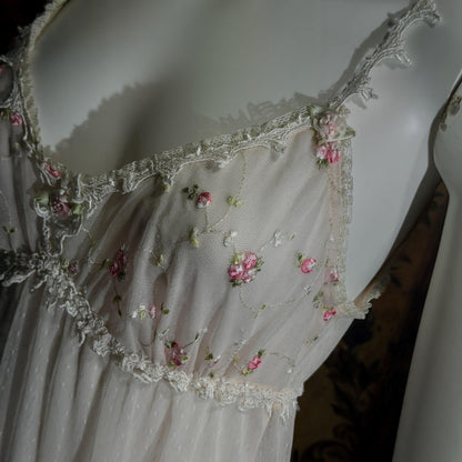 vintage CLAIRE PETTIBONE nightgown slip dress, Tiered Pink & White lace bridal wedding lingerie gown
