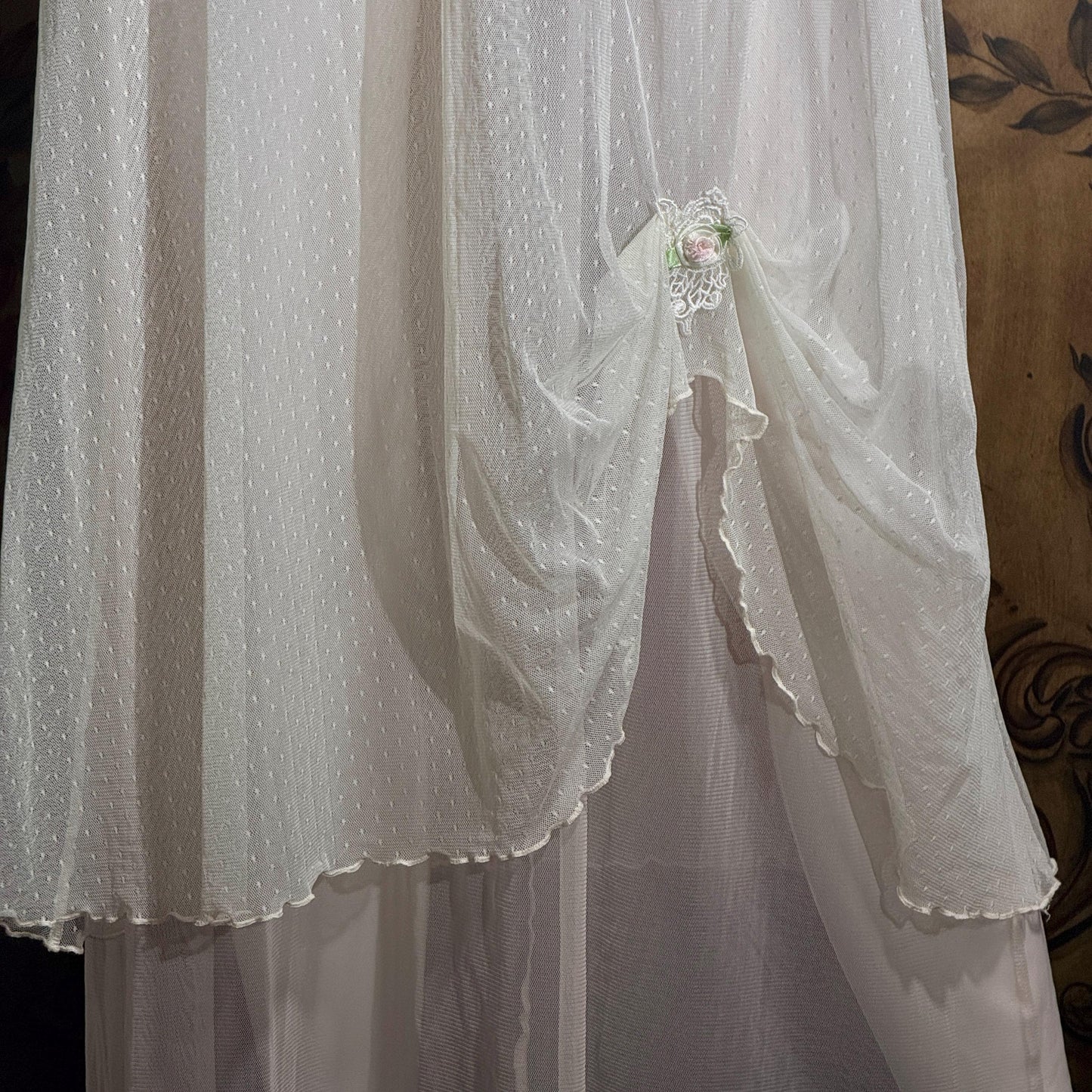 vintage CLAIRE PETTIBONE nightgown slip dress, Tiered Pink & White lace bridal wedding lingerie gown