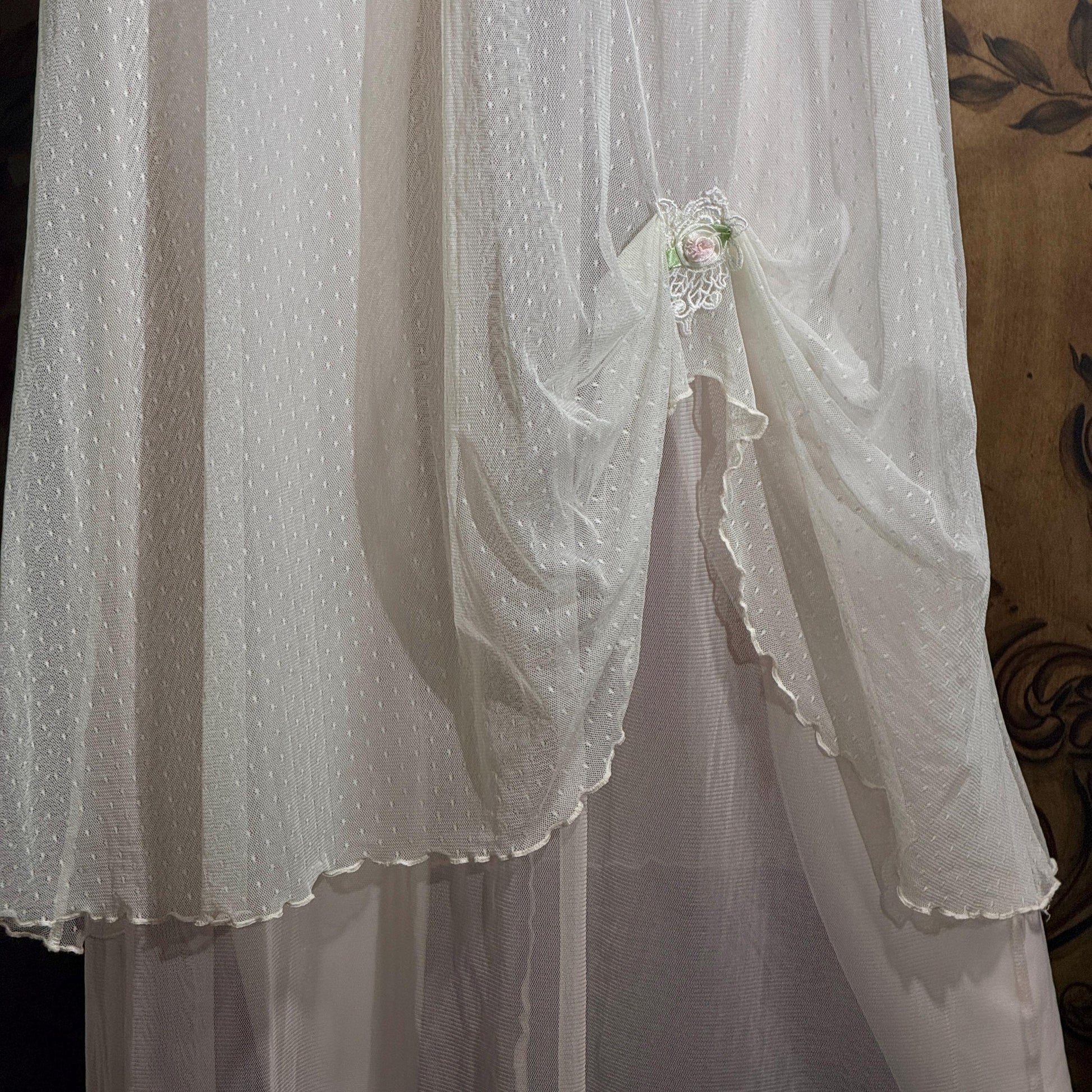 vintage CLAIRE PETTIBONE nightgown slip dress, Tiered Pink & White lace bridal wedding lingerie gown