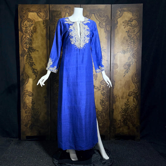 vintage JEANNE MCQUEENY evening caftan, Royal blue raw silk embroidered Kaftan dress gown