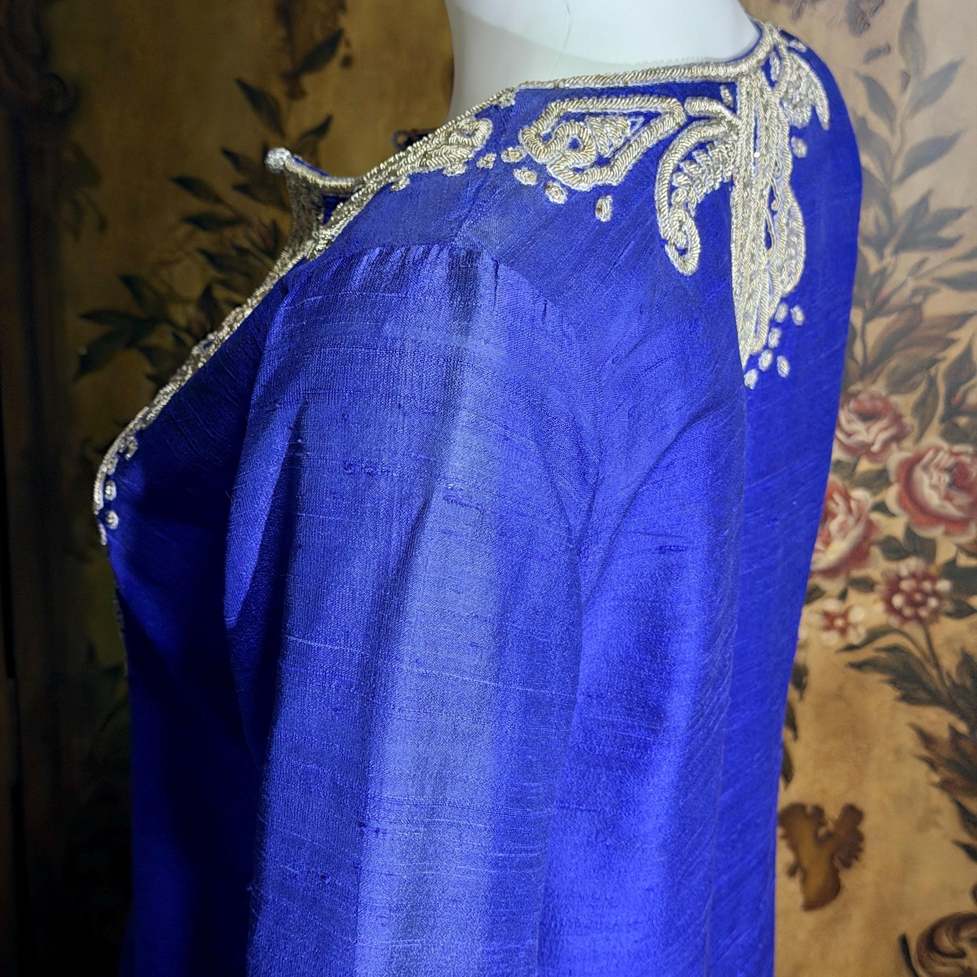 vintage JEANNE MCQUEENY evening caftan, Royal blue raw silk embroidered Kaftan dress gown