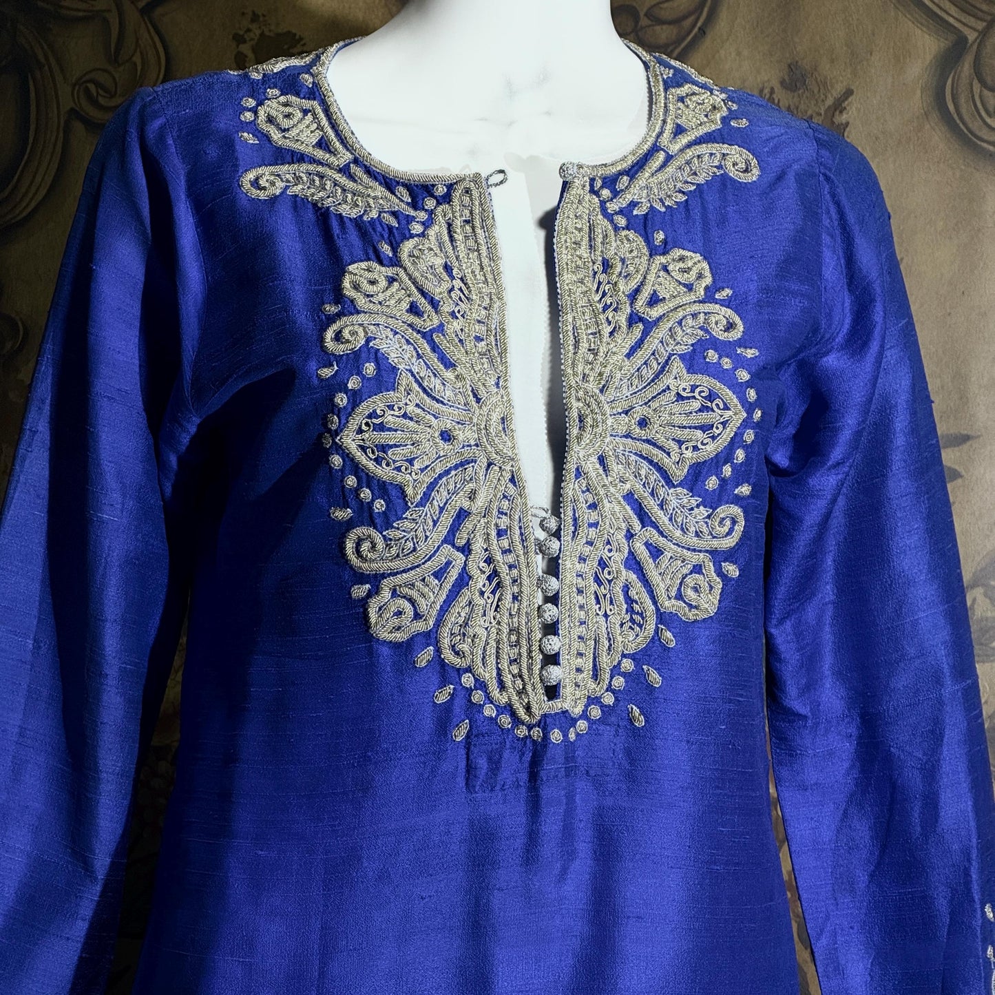 vintage JEANNE MCQUEENY evening caftan, Royal blue raw silk embroidered Kaftan dress gown