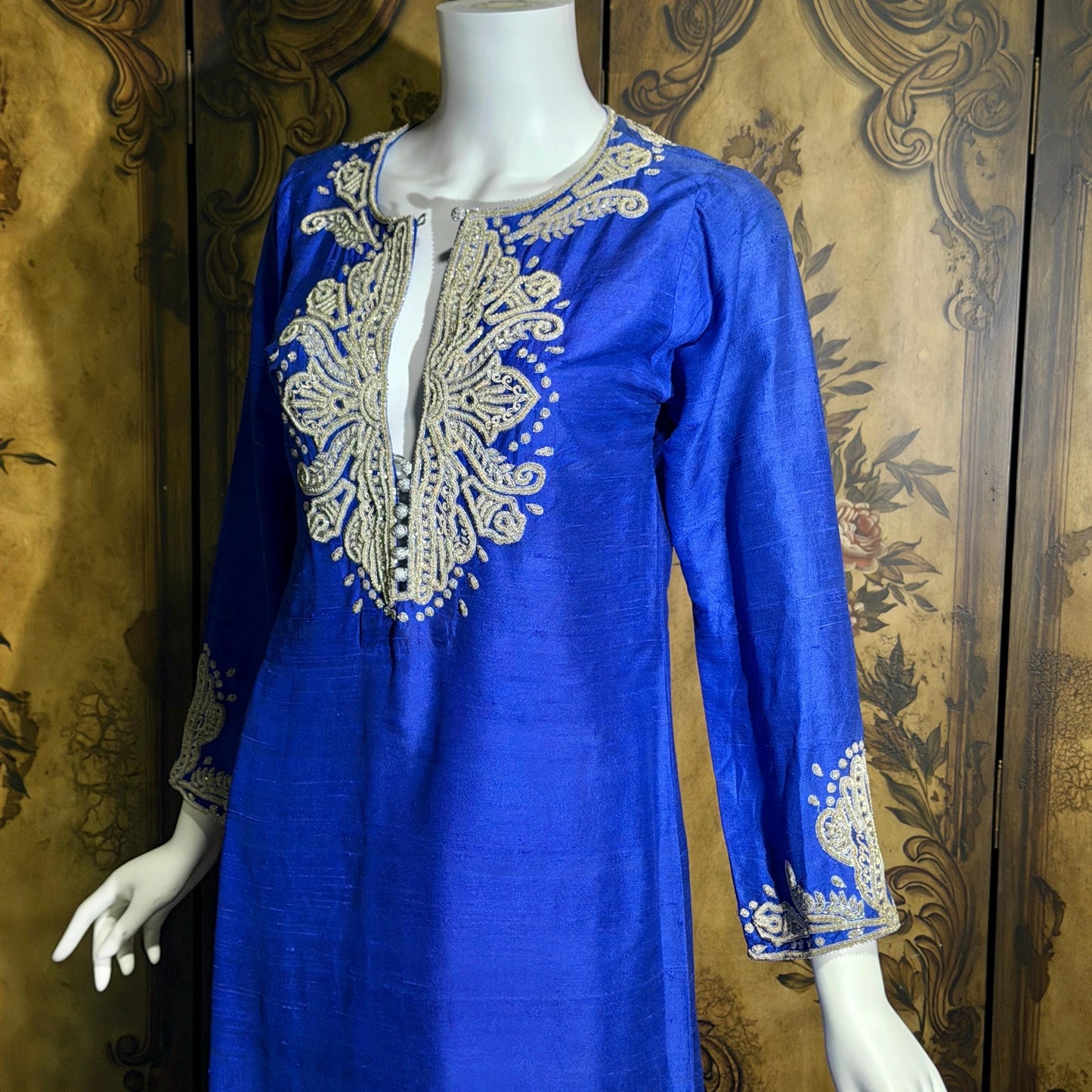 vintage JEANNE MCQUEENY evening caftan, Royal blue raw silk embroidered Kaftan dress gown