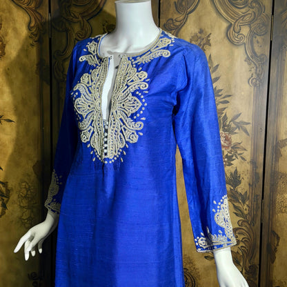 vintage JEANNE MCQUEENY evening caftan, Royal blue raw silk embroidered Kaftan dress gown