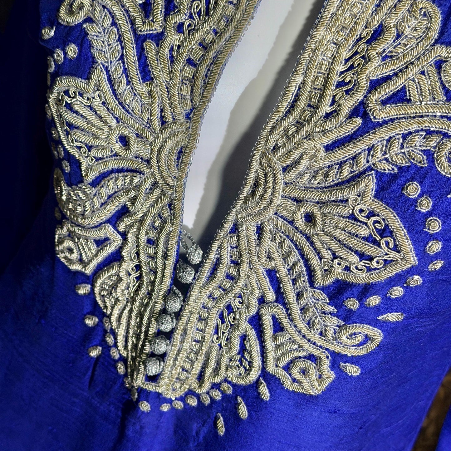 vintage JEANNE MCQUEENY evening caftan, Royal blue raw silk embroidered Kaftan dress gown