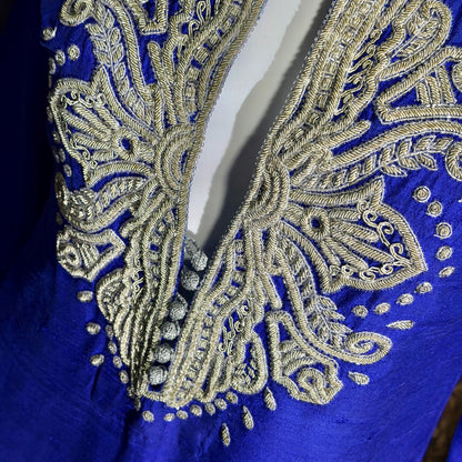 vintage JEANNE MCQUEENY evening caftan, Royal blue raw silk embroidered Kaftan dress gown