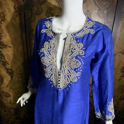 vintage JEANNE MCQUEENY evening caftan, Royal blue raw silk embroidered Kaftan dress gown