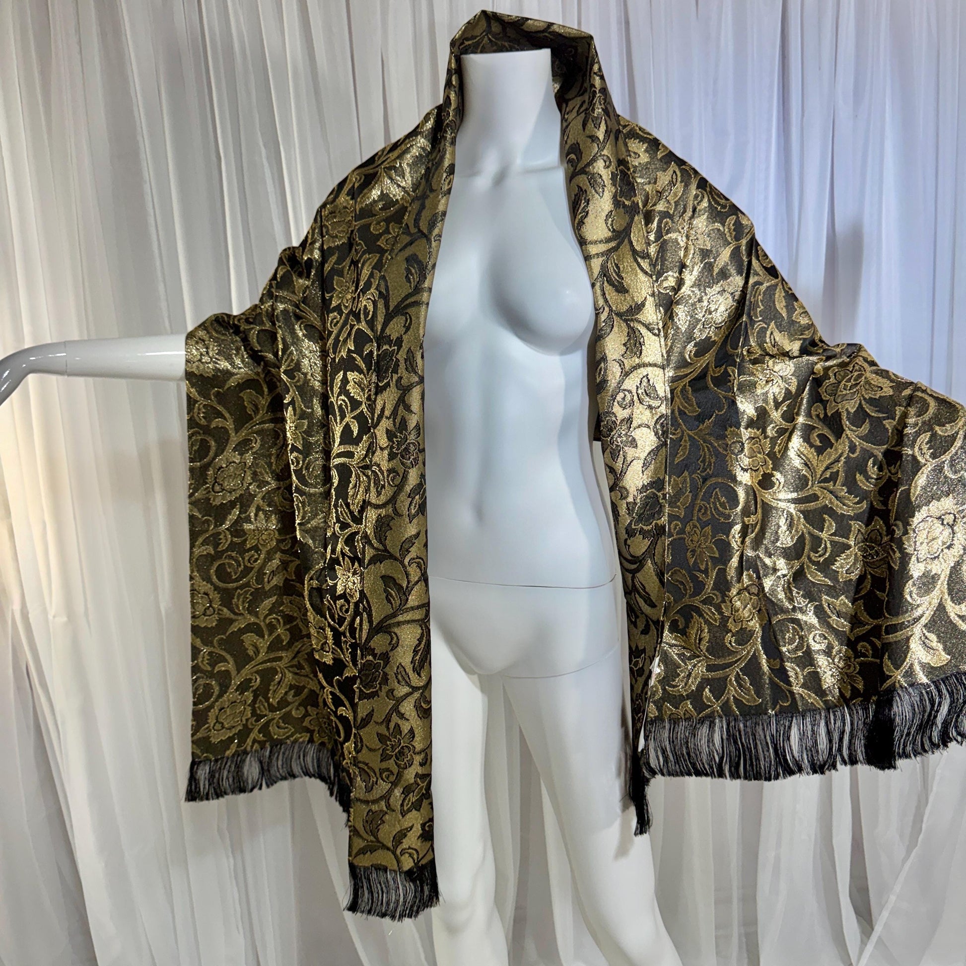 Vintage 1950s Evening wrap shawl, ECHO ORIGINATIONS Black Gold Metallic Floral Scarf New