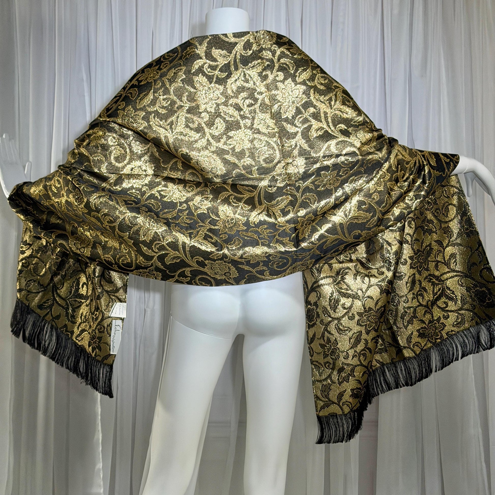 Vintage 1950s Evening wrap shawl, ECHO ORIGINATIONS Black Gold Metallic Floral Scarf New