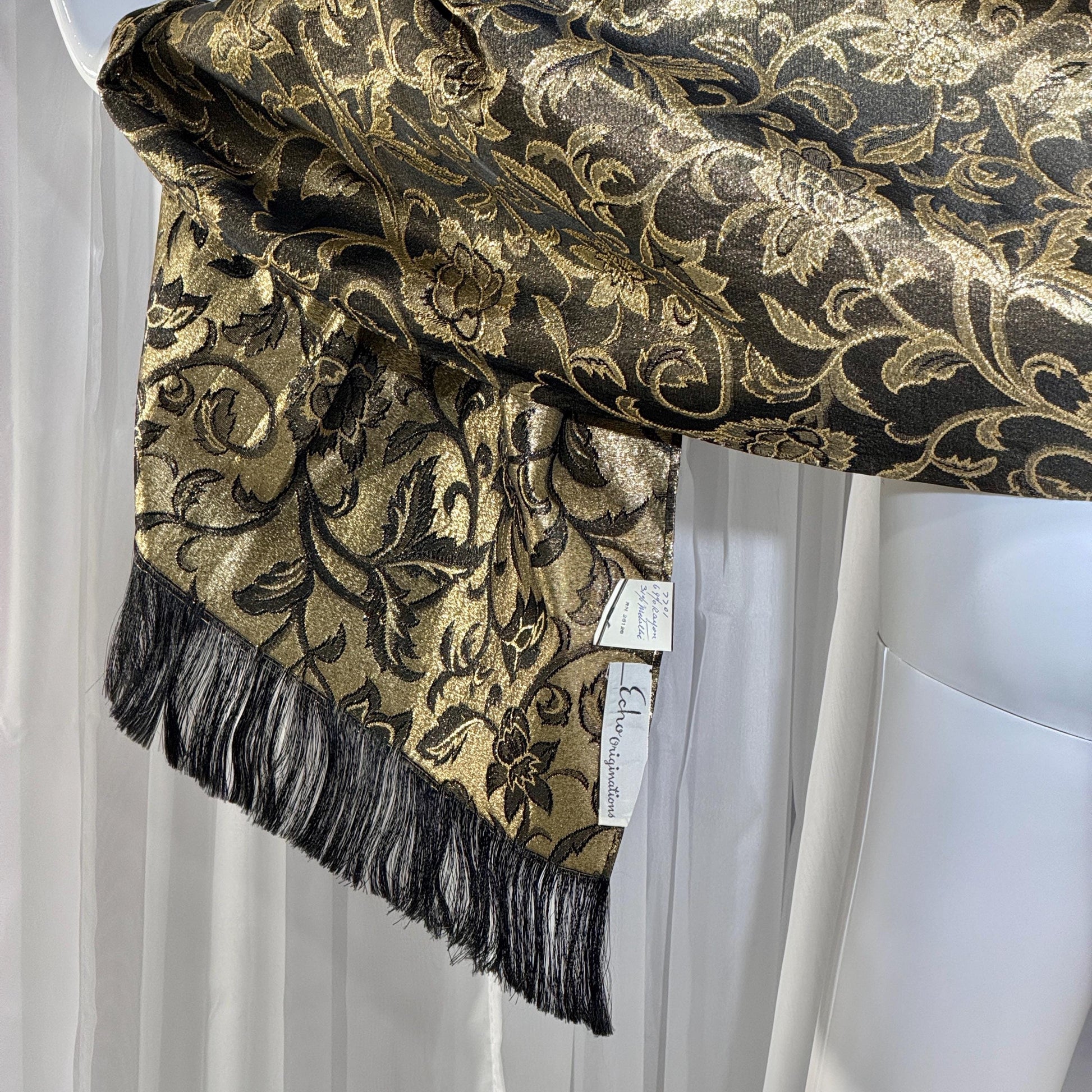 Vintage 1950s Evening wrap shawl, ECHO ORIGINATIONS Black Gold Metallic Floral Scarf New