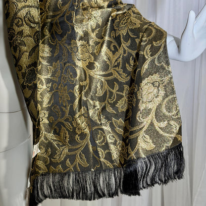 Vintage 1950s Evening wrap shawl, ECHO ORIGINATIONS Black Gold Metallic Floral Scarf New