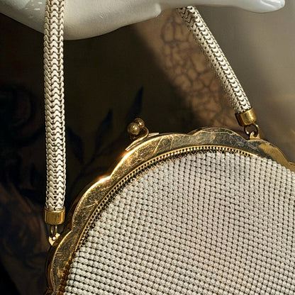 vintage 1950s WHITING & DAVIS evening bag, Mesh Pearly White Bridal purse dance bag