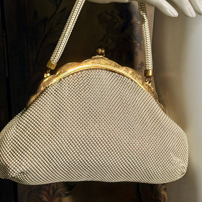 vintage 1950s WHITING & DAVIS evening bag, Mesh Pearly White Bridal purse dance bag