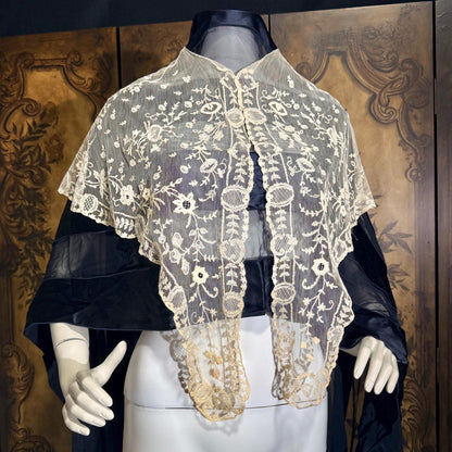 Antique Victorian lace collar, Edwardian Tambour Embroidered net lace