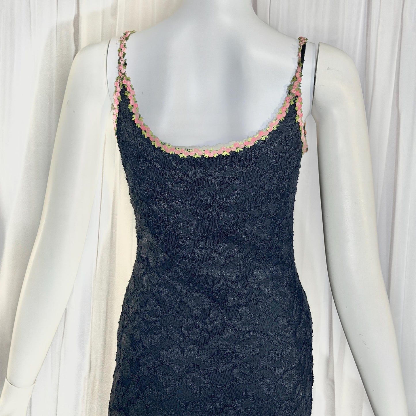 vintage 1990s BETSEY JOHNSON slip dress, Black lace bodycon cocktail dress