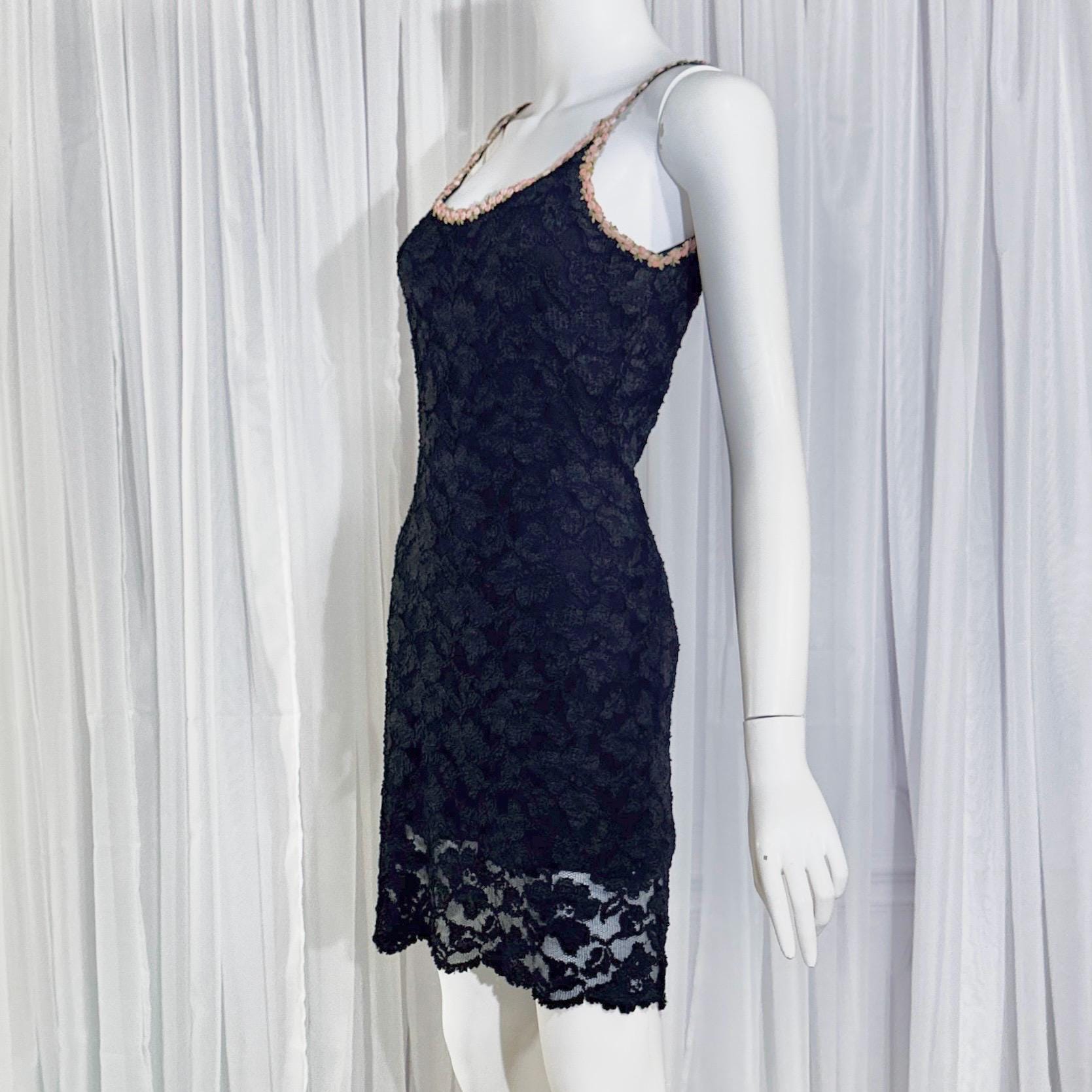 vintage 1990s BETSEY JOHNSON slip dress, Black lace bodycon cocktail dress