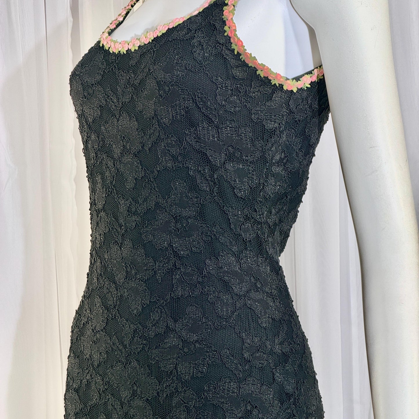 vintage 1990s BETSEY JOHNSON slip dress, Black lace bodycon cocktail dress