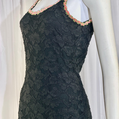 vintage 1990s BETSEY JOHNSON slip dress, Black lace bodycon cocktail dress