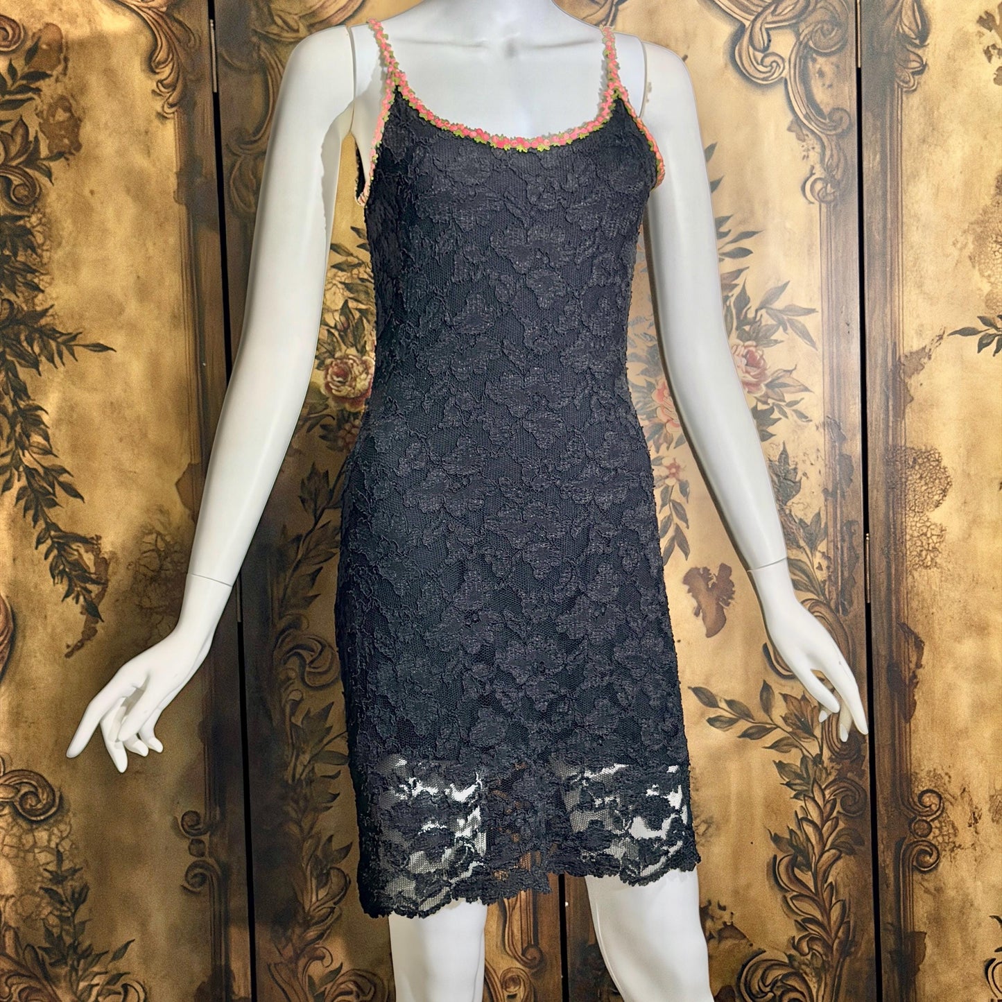 vintage 1990s BETSEY JOHNSON slip dress, Black lace bodycon cocktail dress