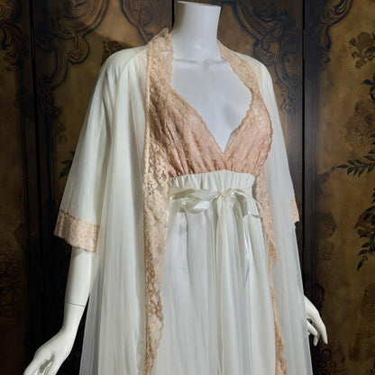 vintage Nightgown Robe Peignoir Set, MERLITA 1960s Sheer white & blush lace lingerie gown