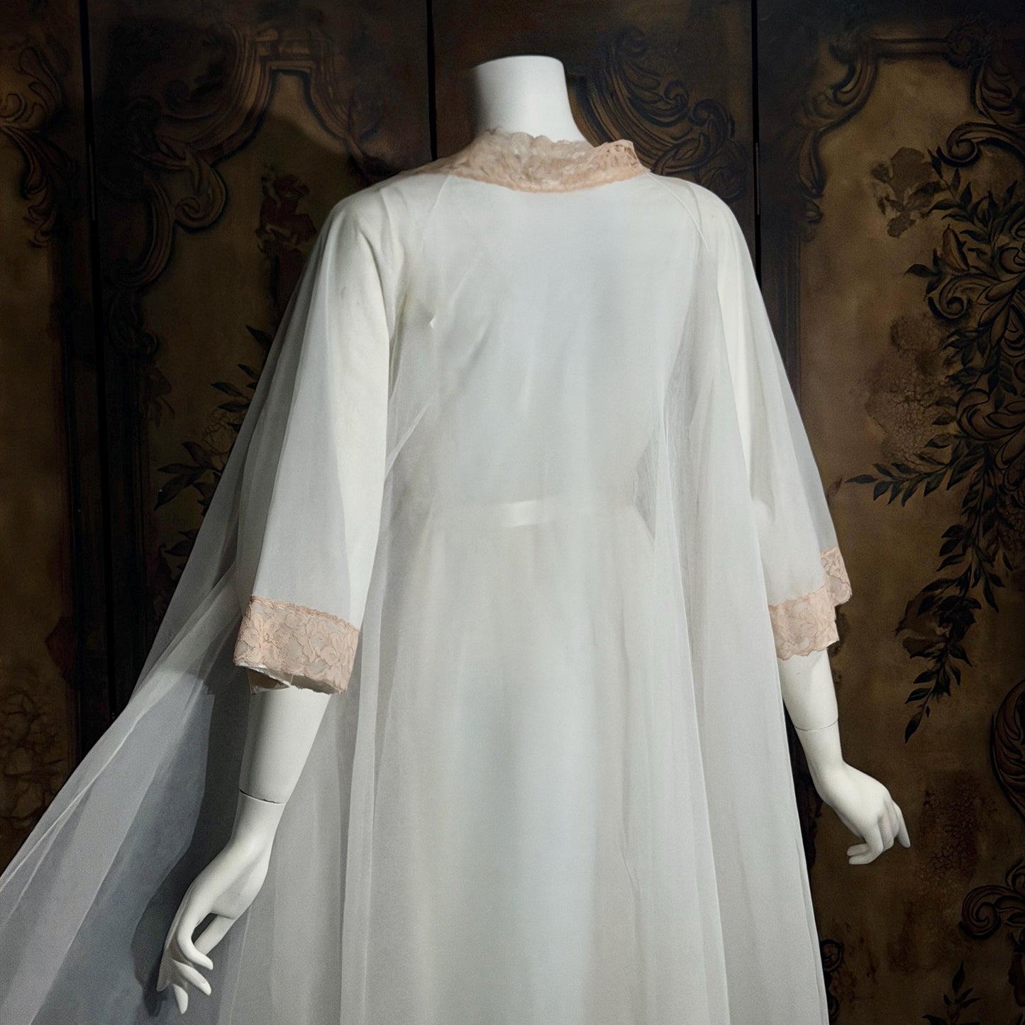 vintage Nightgown Robe Peignoir Set, MERLITA 1960s Sheer white & blush lace lingerie gown