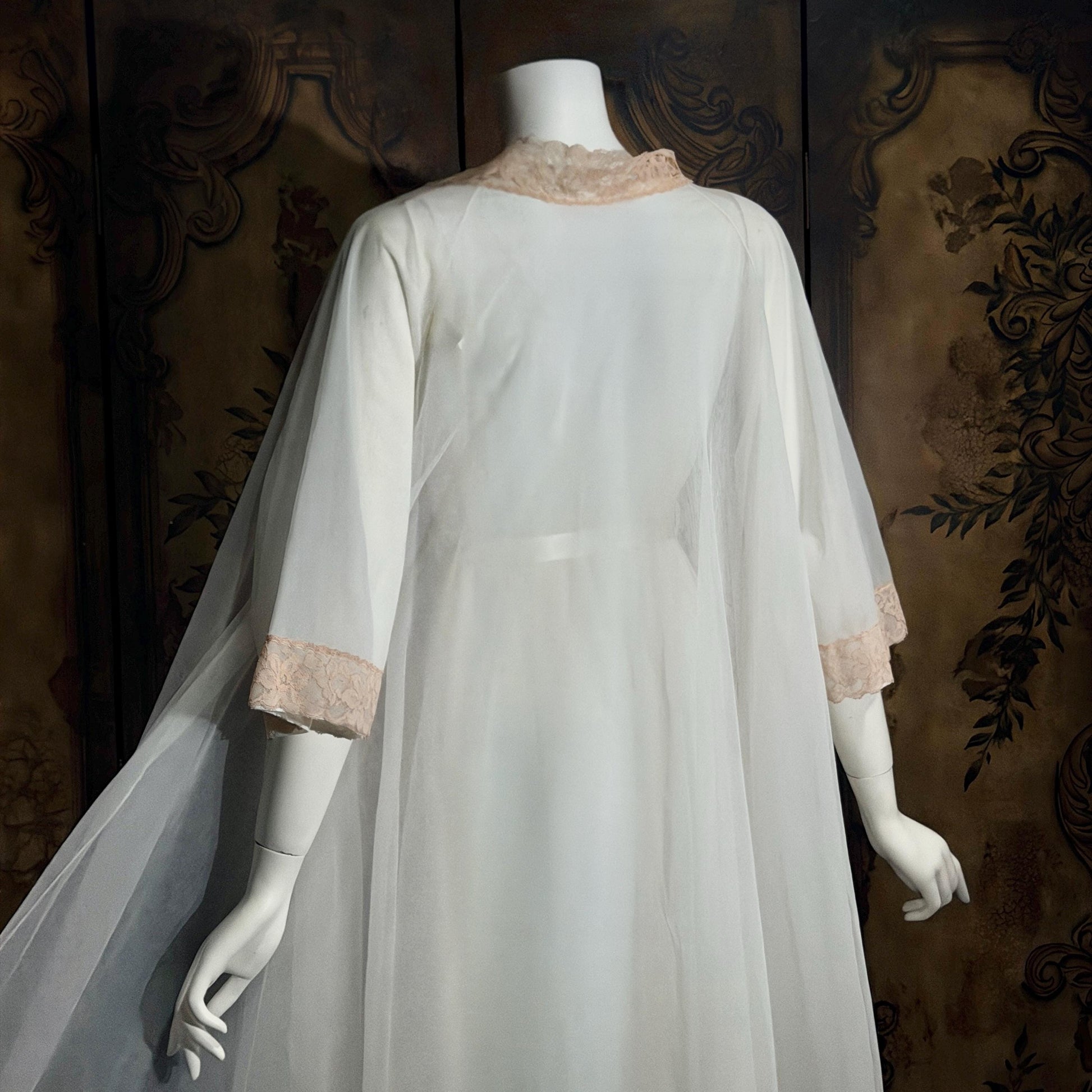 vintage Nightgown Robe Peignoir Set, MERLITA 1960s Sheer white & blush lace lingerie gown
