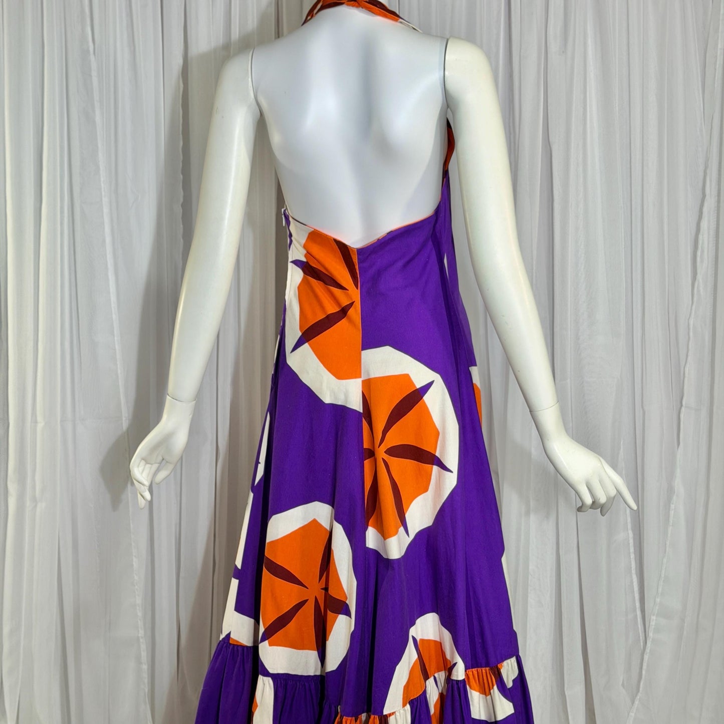 vintage 1970s MARIMEKKO maxi dress, Dated 1970 Finland purple and orange op art cotton halter dress