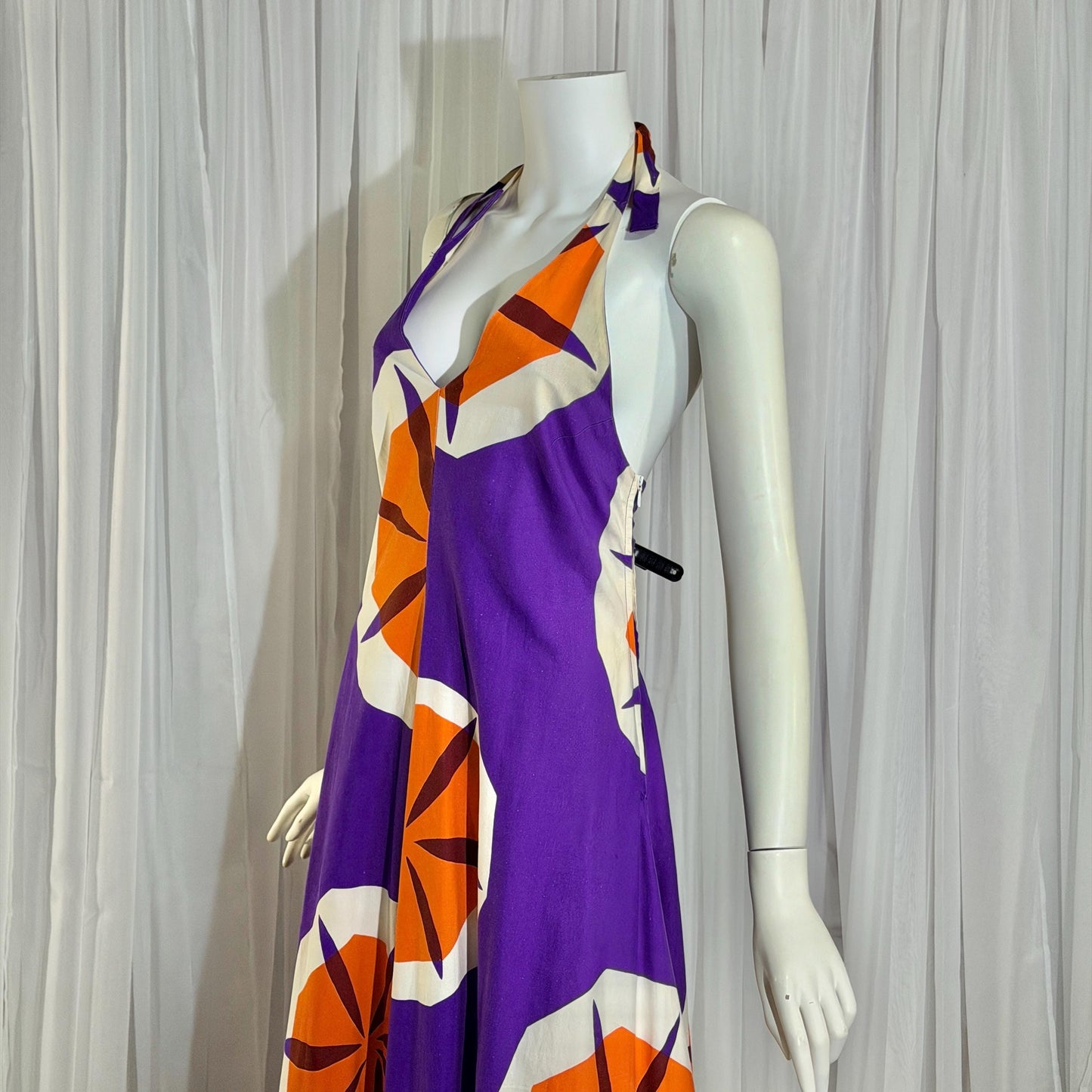 vintage 1970s MARIMEKKO maxi dress, Dated 1970 Finland purple and orange op art cotton halter dress