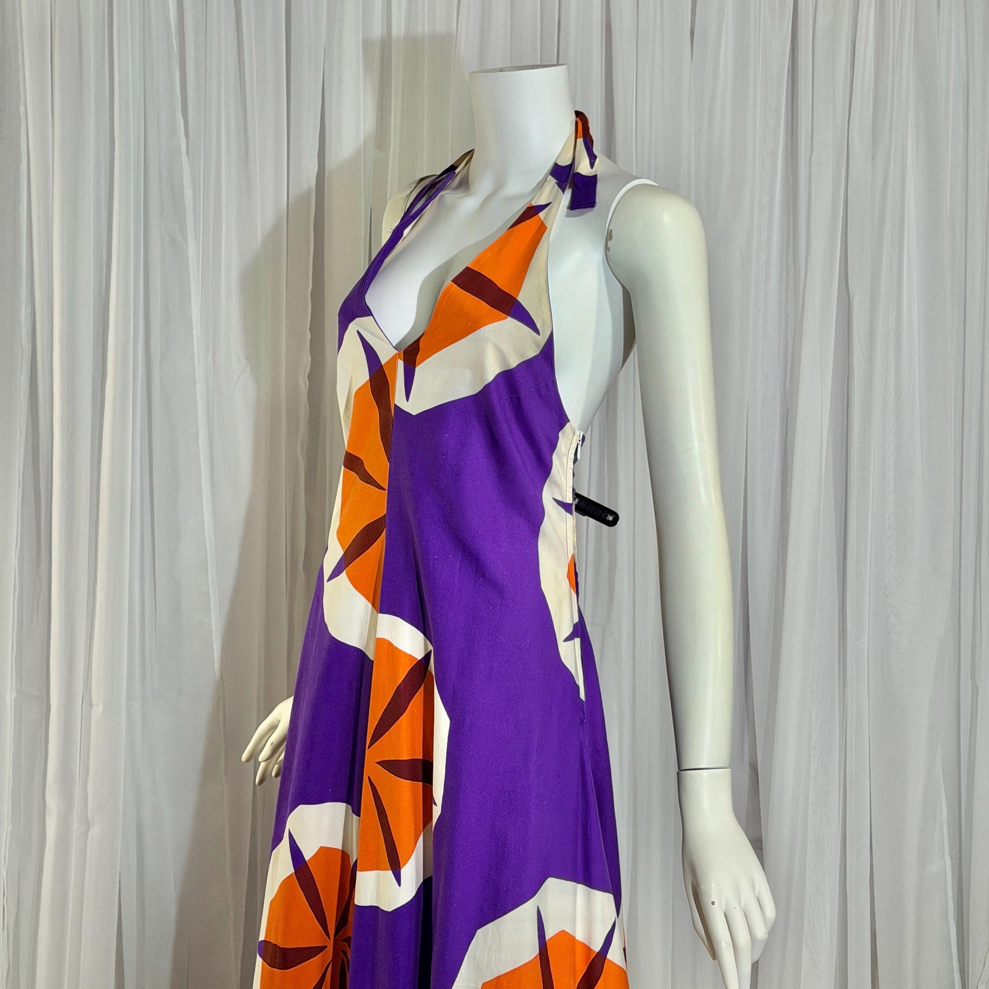 vintage 1970s MARIMEKKO maxi dress, Dated 1970 Finland purple and orange op art cotton halter dress