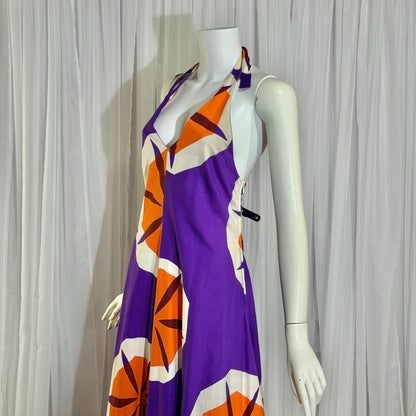 vintage 1970s MARIMEKKO maxi dress, Dated 1970 Finland purple and orange op art cotton halter dress