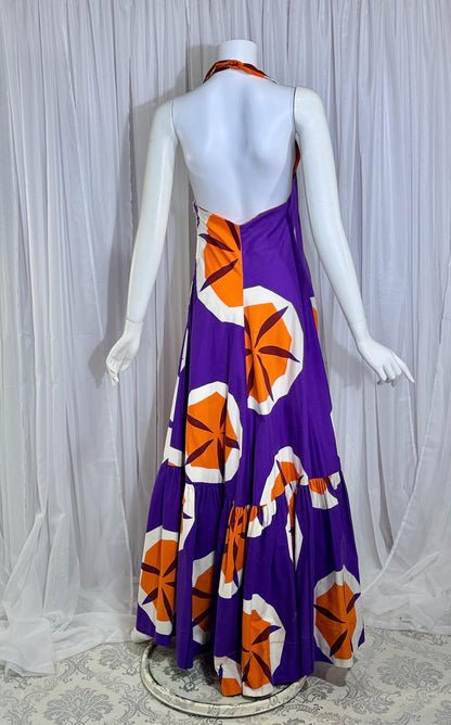 vintage 1970s MARIMEKKO maxi dress, Dated 1970 Finland purple and orange op art cotton halter dress