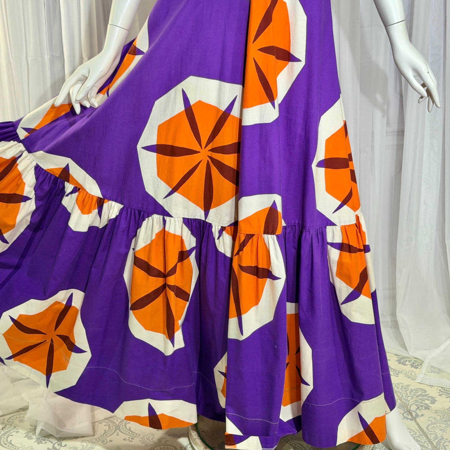 vintage 1970s MARIMEKKO maxi dress, Dated 1970 Finland purple and orange op art cotton halter dress