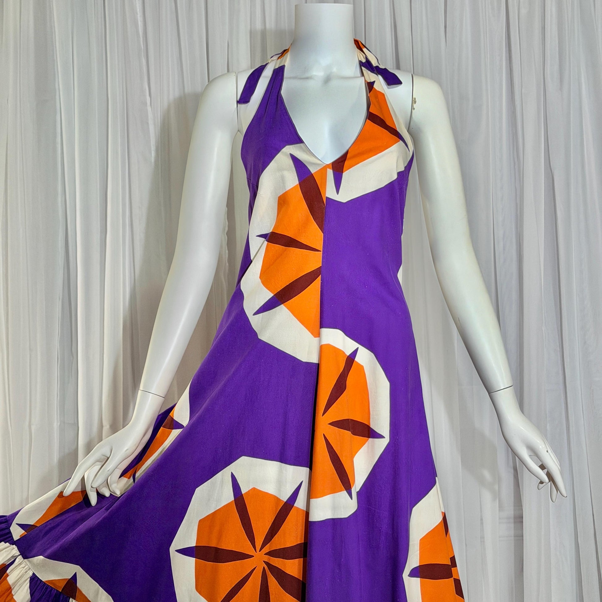 vintage 1970s MARIMEKKO maxi dress, Dated 1970 Finland purple and orange op art cotton halter dress