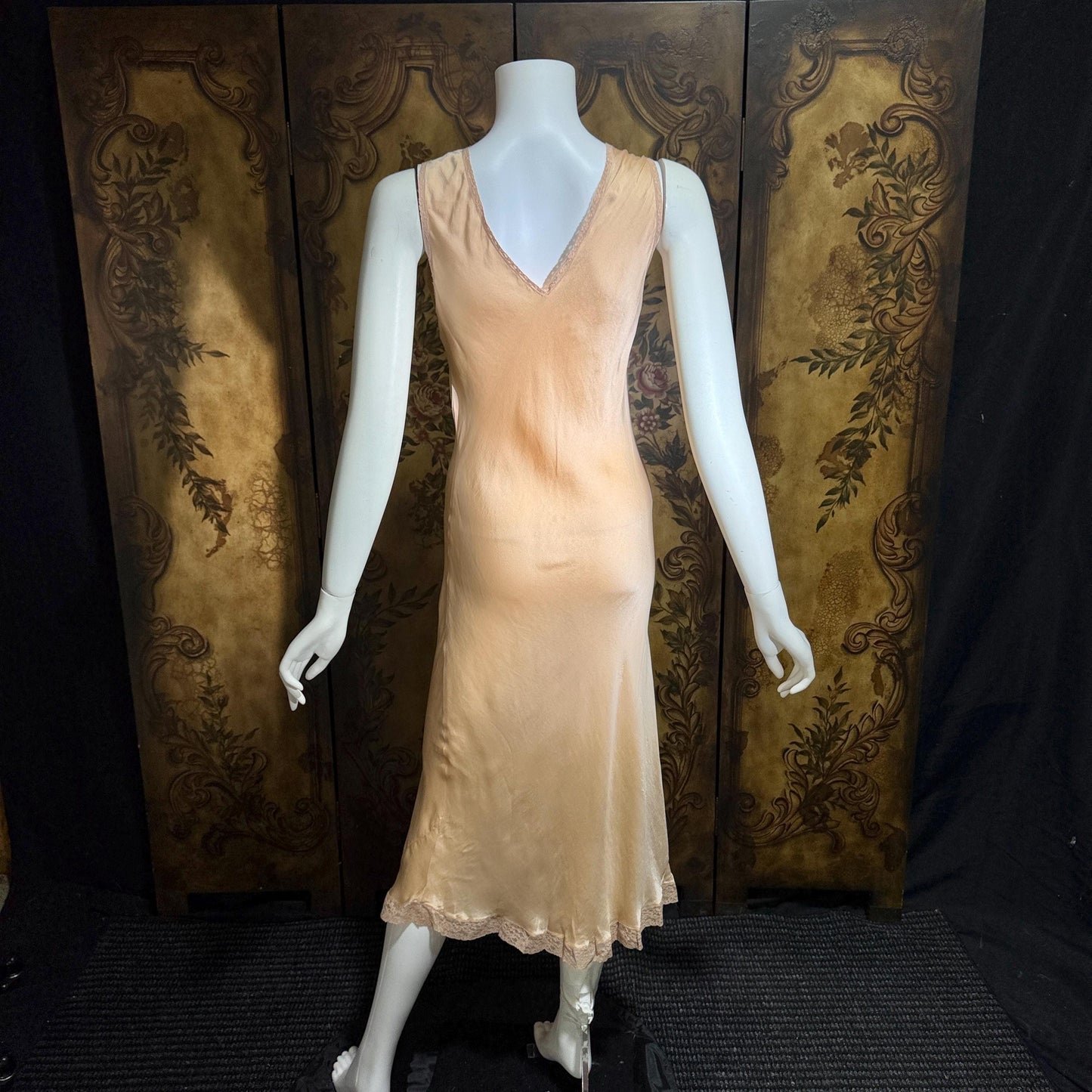 vintage 1930s Peach silk dress, CHAS A STEVENS Chicago bias cut lingerie dress, small