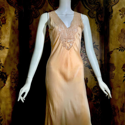 vintage 1930s Peach silk dress, CHAS A STEVENS Chicago bias cut lingerie dress, small