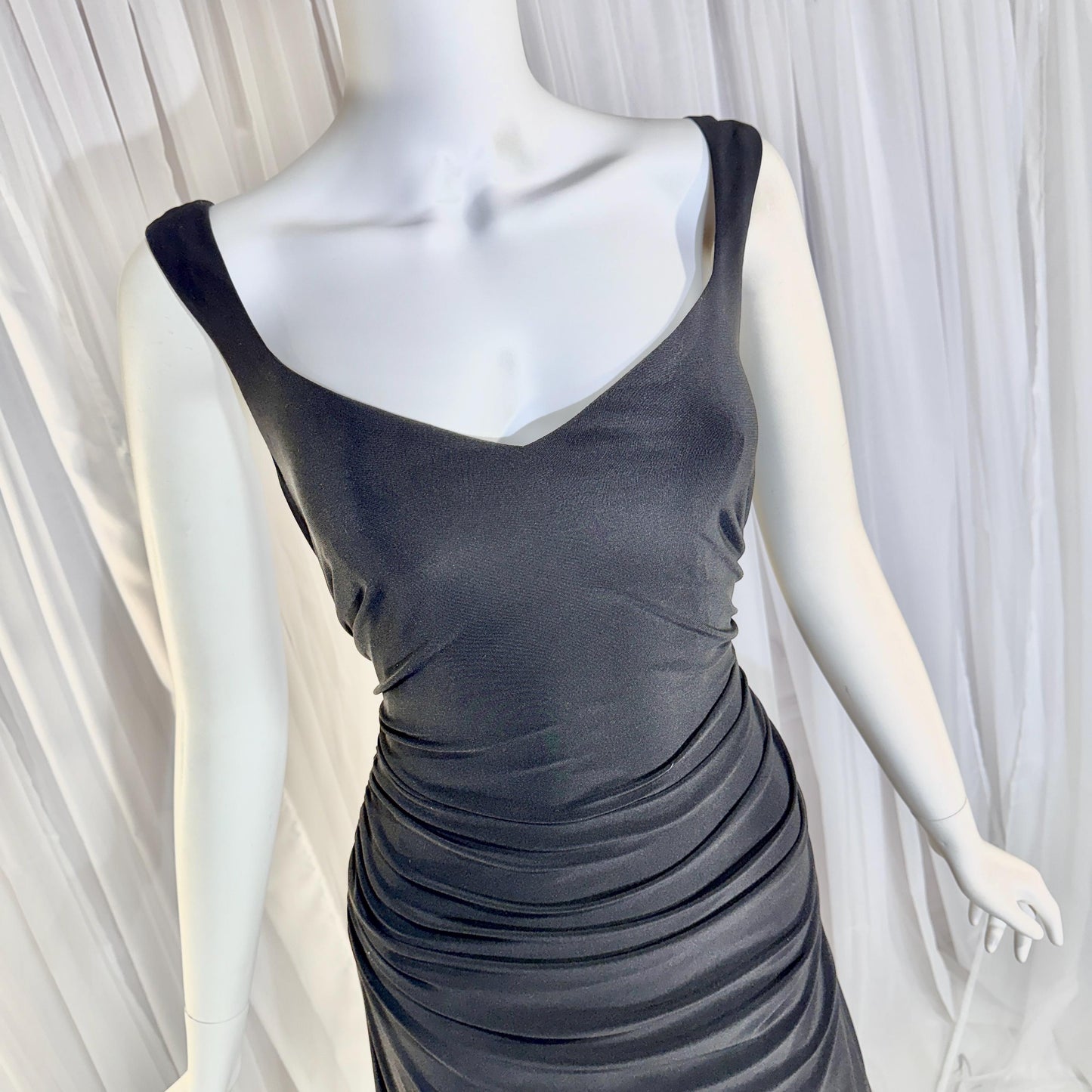 vintage evening bodycon gown dress, LAUNDRY 1990s Black Ruched Stretchy slip gown Medium