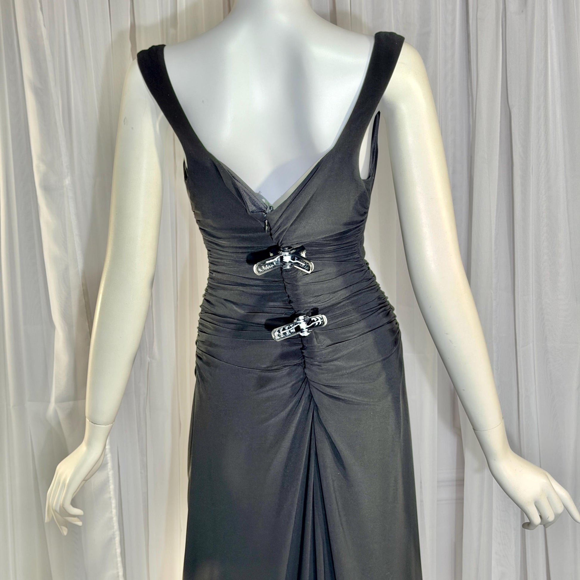 vintage evening bodycon gown dress, LAUNDRY 1990s Black Ruched Stretchy slip gown Medium