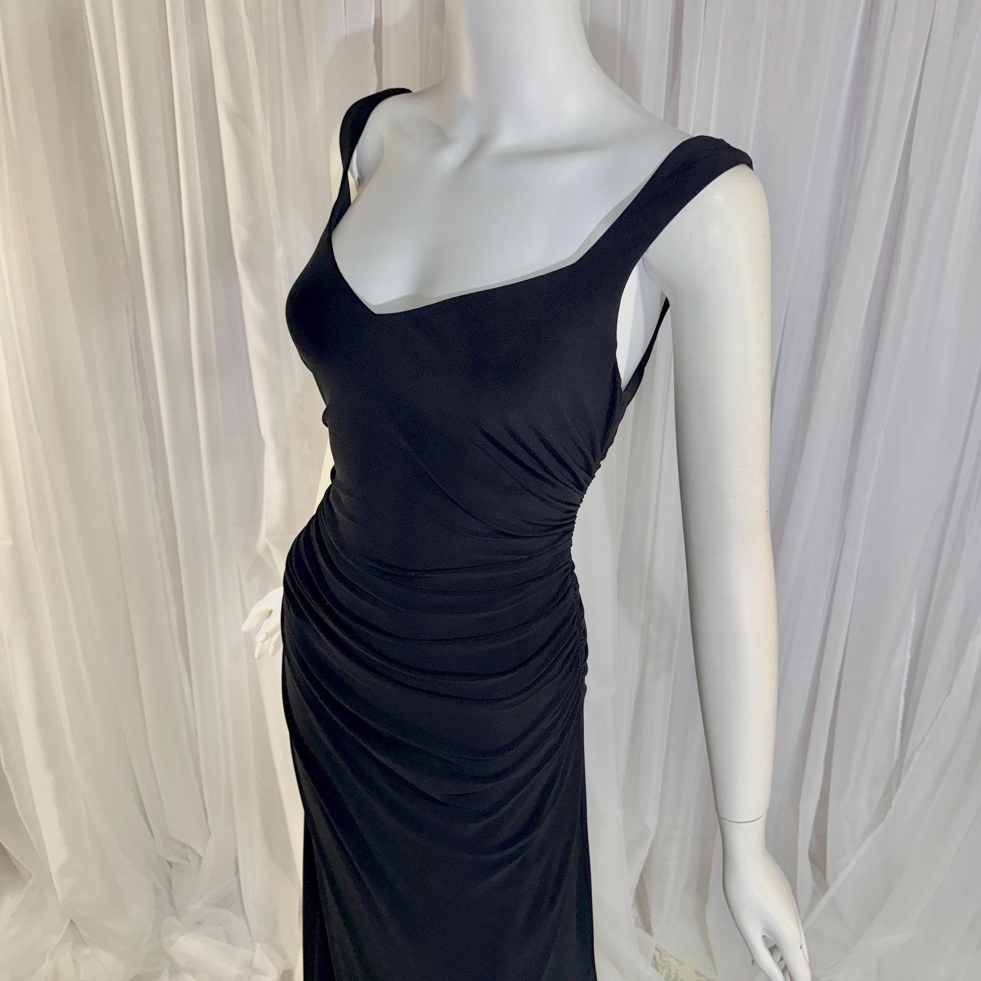 vintage evening bodycon gown dress, LAUNDRY 1990s Black Ruched Stretchy slip gown Medium