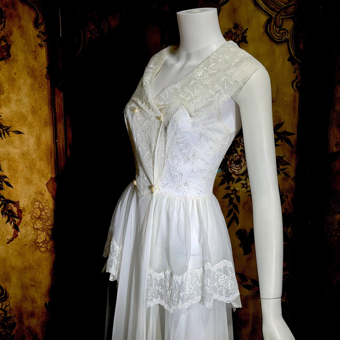 vintage 1950s ROGERS nightgown, white peplum Aphrodite Grecian Goddess lingerie gown