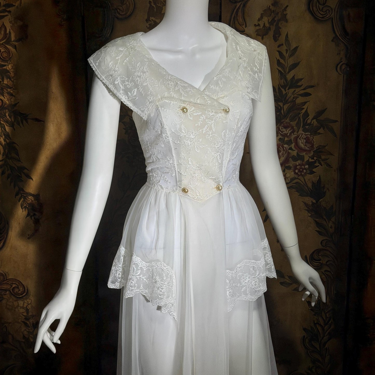vintage 1950s ROGERS nightgown, white peplum Aphrodite Grecian Goddess lingerie gown
