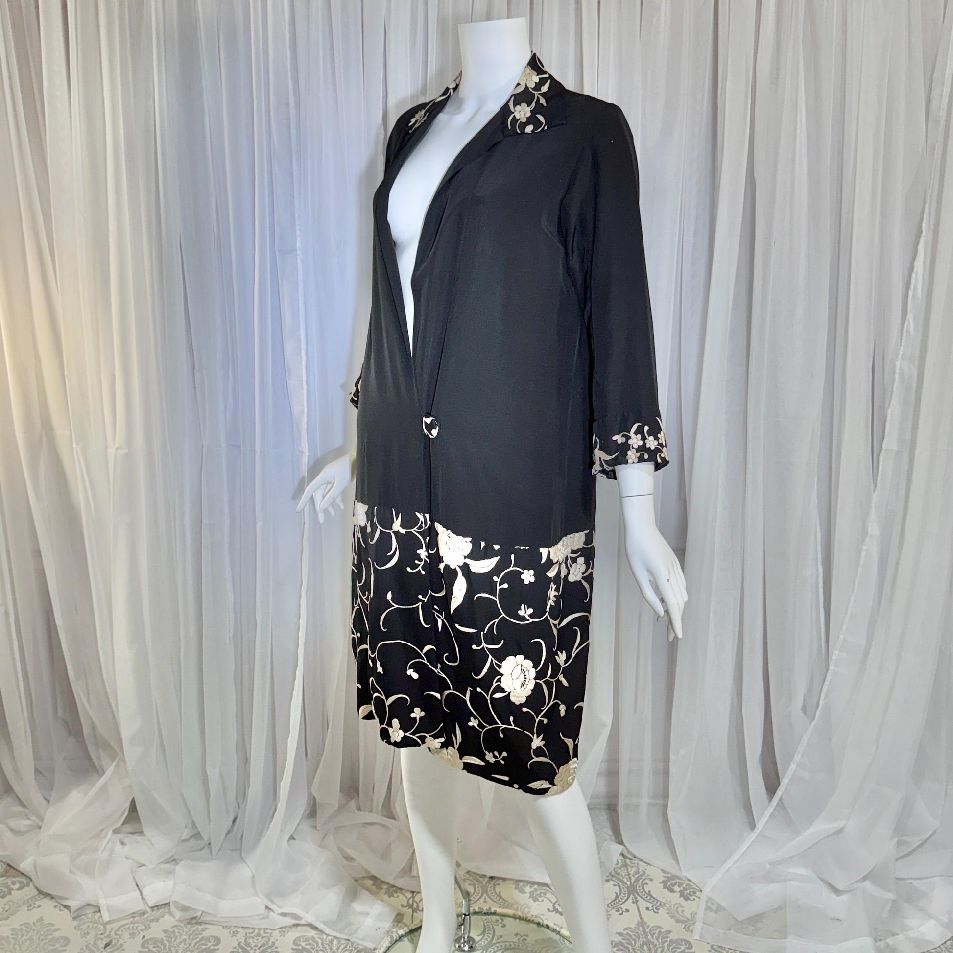 vintage 1920s evening coat, Inky black embroidered Antique Flapper duster