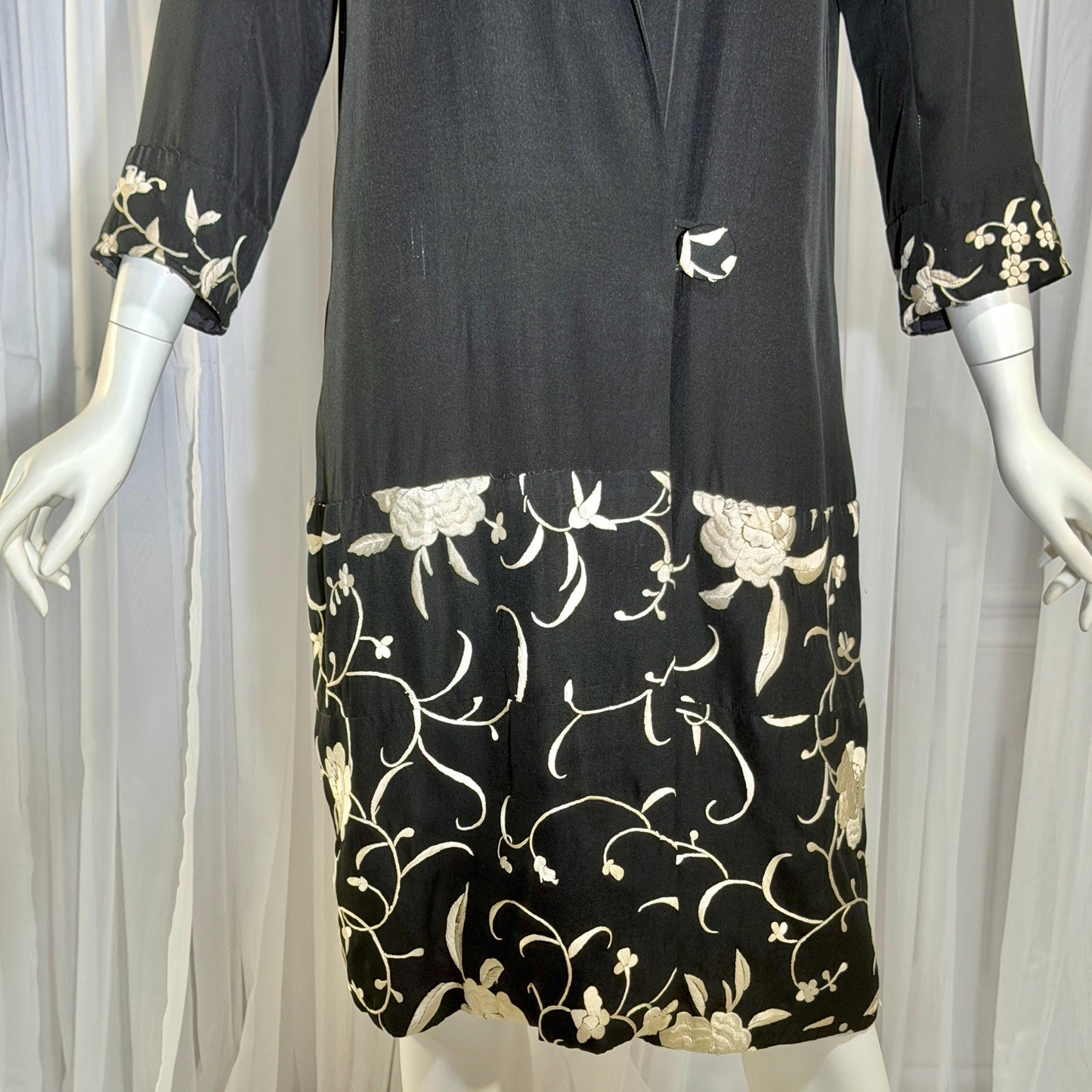 vintage 1920s evening coat, Inky black embroidered Antique Flapper duster