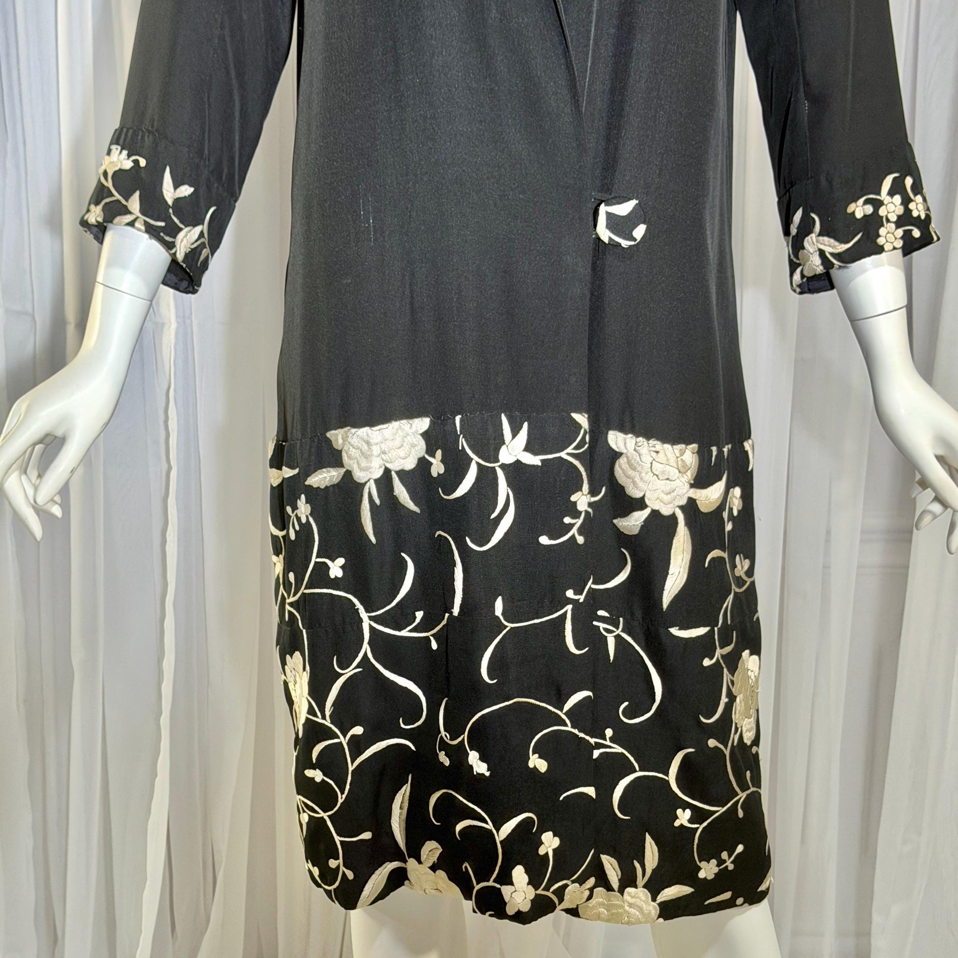 vintage 1920s evening coat, Inky black embroidered Antique Flapper duster
