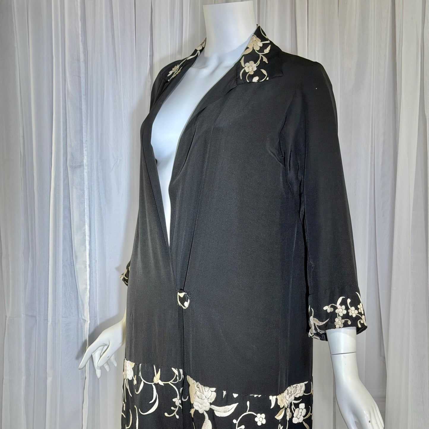 vintage 1920s evening coat, Inky black embroidered Antique Flapper duster